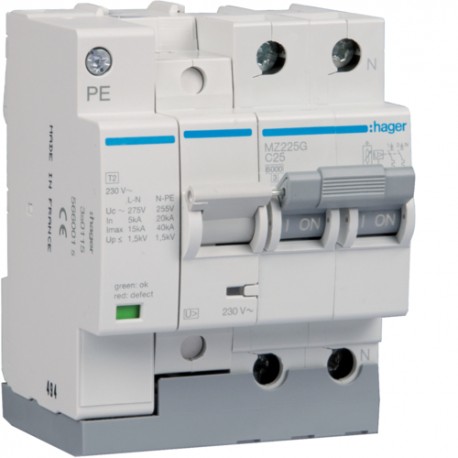 PROTECTOR COMBINADO SOBRETENSIONES PERMANENTES Y TRANSITORIAS 40A 2P 6kA HAGER MZ240G