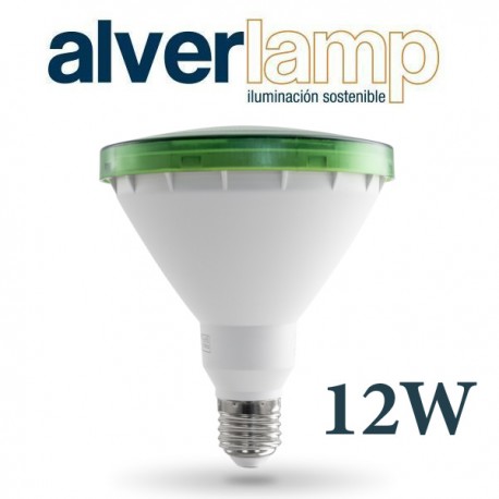 BOMBILLA DICROICA LED 12W PAR 38 VERDE CONEXION E27 APERTURA 120º ALVERLAMP