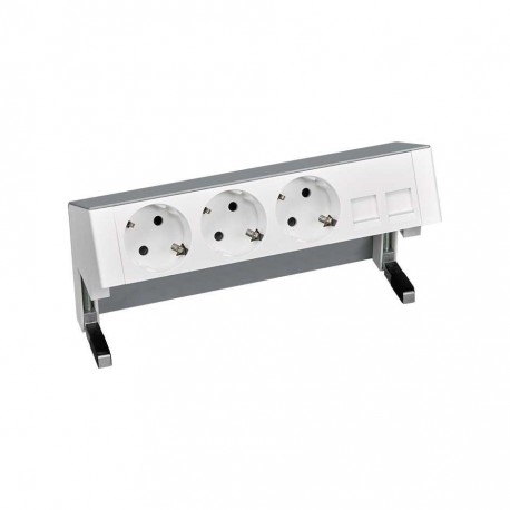 KIT ALUMINIO SOBREMESA 3 BASES DE ENCHUFE SCHUKO Y PLACA PARA 2 CONECTORES RJ45 SIMON 400 42403020-133