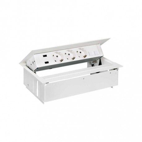 KIT BLANCO METALICO DE EMPOTRAR EN MESA CARGADOR 2XUSB, 3 BASES SCHUKO Y PLACA PARA 2 CONECTORES RJ45 SIMON 400 45523020-130