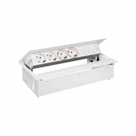 KIT BLANCO METALICO DE EMPOTRAR EN MESA 2 BASES SCHUKO, 2 BASES SAI Y PLACA PARA 4 CONECTORES RJ45 SIMON 400 45602240-130