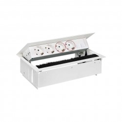 KIT BLANCO METALICO DE EMPOTRAR EN MESA 2 BASES SCHUKO, 2 BASES SAI Y PLACA PARA 2 CONECTORES RJ45 SIMON 400 44502220-130