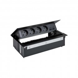 KIT NEGRO METALICO DE EMPOTRAR EN MESA 4 BASES SCHUKO Y PLACA PARA 2 CONECTORES RJ45 SIMON 400 44504020-138