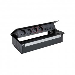 KIT NEGRO METALICO DE EMPOTRAR EN MESA 2 BASES SCHUKO, 2 BASES SAI Y PLACA PARA 4 CONECTORES RJ45 SIMON 400 45602240-138