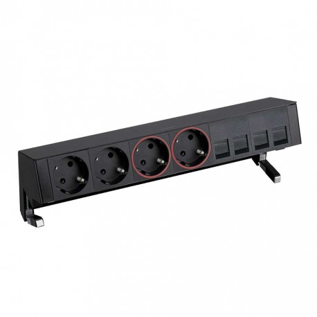 KIT NEGRO SOBREMESA 2 BASES DE ENCHUFE SCHUKO, 2 BASES SAI Y PLACA PARA 4 CONECTORES RJ45 SIMON 400 42602240-138