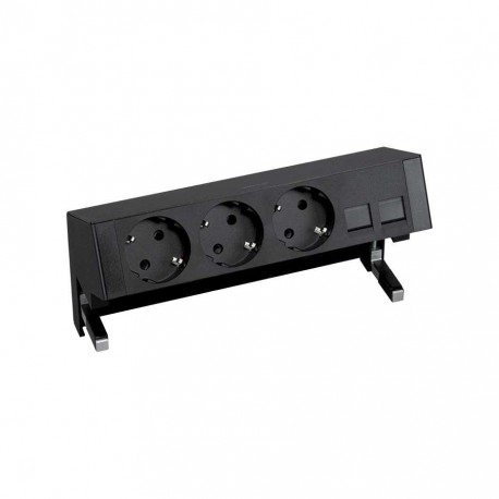 KIT NEGRO SOBREMESA 3 BASES DE ENCHUFE SCHUKO Y PLACA PARA 2 CONECTORES RJ45 SIMON 400 42403020-138