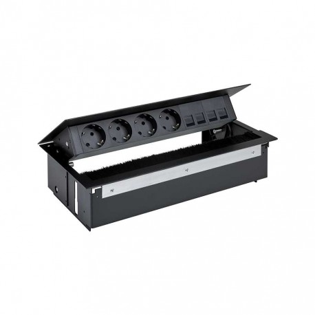 KIT NEGRO METALICO DE EMPOTRAR EN MESA 4 BASES SCHUKO Y PLACA PARA 4 CONECTORES RJ45 SIMON 400 44604040-138