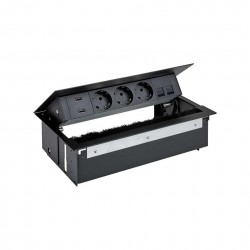 KIT NEGRO METALICO DE EMPOTRAR EN MESA CARGADOR 2XUSB, 3 BASES SCHUKO Y PLACA PARA 2 CONECTORES RJ45 SIMON 400 44523020-138