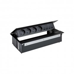KIT NEGRO METALICO DE EMPOTRAR EN MESA 4 BASES SCHUKO Y PLACA PARA 4 CONECTORES RJ45 SIMON 400 45604040-138