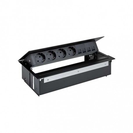 KIT NEGRO METALICO DE EMPOTRAR EN MESA 4 BASES SCHUKO Y PLACA PARA 4 CONECTORES RJ45 SIMON 400 45604040-138