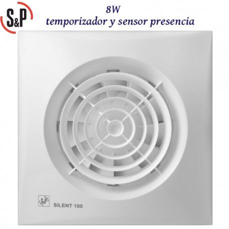 EXTRACTOR DE BAÑO BLANCO 8W TEMPORIZADOR Y DETECTOR PRESENCIA S&P SILENT-100 CDZ