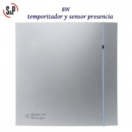 EXTRACTOR DE BAÑO GRIS 8W TEMPORIZADOR Y DETECTOR PRESENCIA S&P SILENT-100 CHZ SILVER DESIGN
