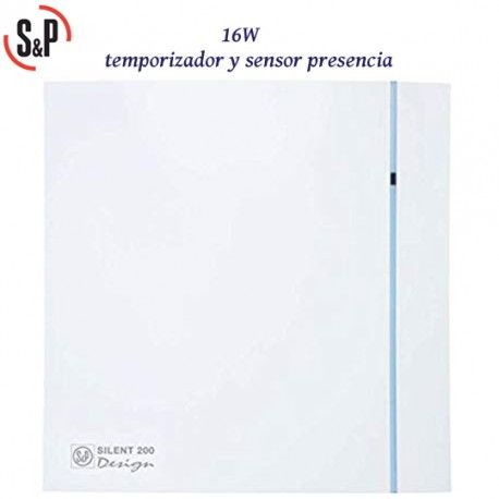 EXTRACTOR DE BAÑO BLANCO 16W TEMPORIZADOR Y DETECTOR PRESENCIA S&P SILENT-200 CHZ DESIGN-3C