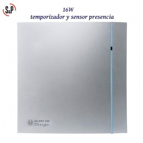 EXTRACTOR DE BAÑO GRIS 16W TEMPORIZADOR Y DETECTOR PRESENCIA S&P SILENT-200 CHZ SILVER DESIGN-3C